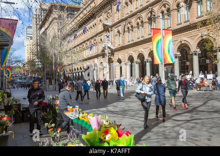 Vote Yes banners for marriage equality erected by City of Sydney in Martin Place,Sydney ,Australia Stock Photo