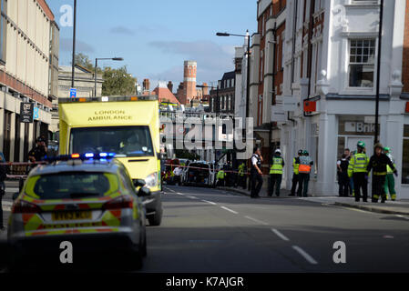 A terrorist bomb explosion has occurred at Parsons Green Underground Station London. Emergency services on scene Stock Photo