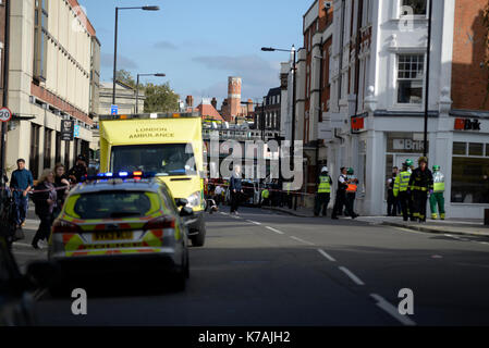 A terrorist bomb explosion has occurred at Parsons Green Underground Station London. Emergency services on scene Stock Photo