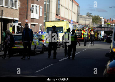 A terrorist bomb explosion has occurred at Parsons Green Underground Station London. Emergency services on scene Stock Photo