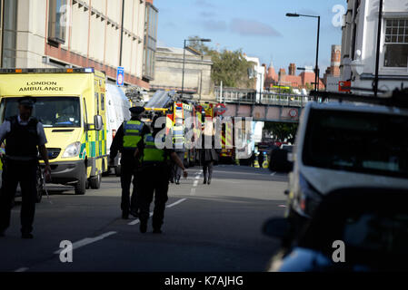 A terrorist bomb explosion has occurred at Parsons Green Underground Station London. Emergency services on scene Stock Photo