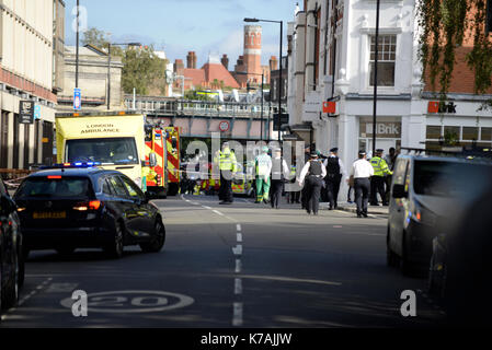 A terrorist bomb explosion has occurred at Parsons Green Underground Station London. Emergency services on scene Stock Photo