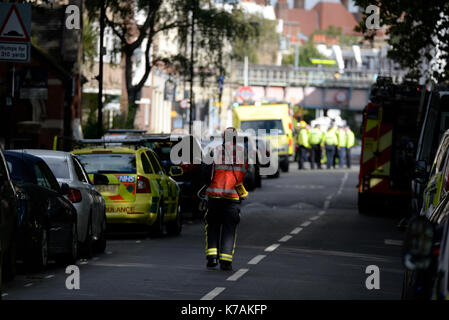 A terrorist bomb explosion has occurred at Parsons Green Underground Station. London, UK. Emergency services on scene Stock Photo