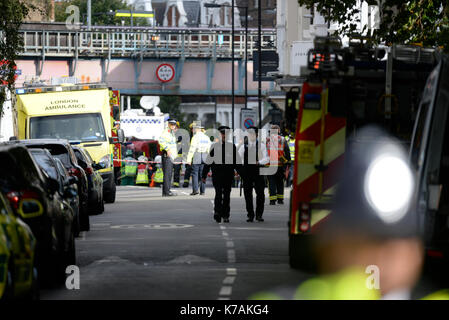 A terrorist bomb explosion has occurred at Parsons Green Underground Station. London, UK. Emergency services on scene Stock Photo