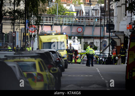 A terrorist bomb explosion has occurred at Parsons Green Underground Station. London, UK. Emergency services on scene Stock Photo