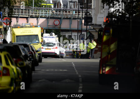 A terrorist bomb explosion has occurred at Parsons Green Underground Station. London, UK. Emergency services on scene Stock Photo