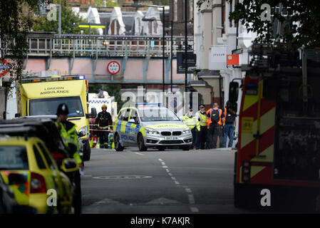 A terrorist bomb explosion has occurred at Parsons Green Underground Station. London, UK. Emergency services on scene Stock Photo