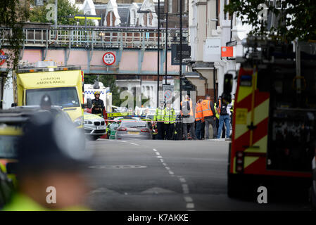 A terrorist bomb explosion has occurred at Parsons Green Underground Station. London, UK. Emergency services on scene Stock Photo