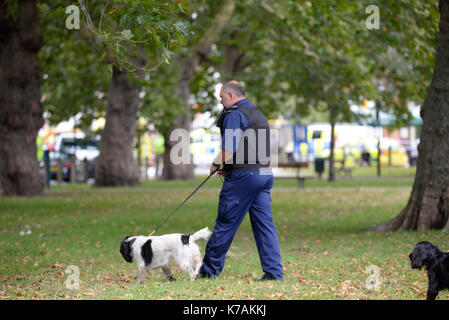 A terrorist bomb explosion has occurred at Parsons Green Underground Station. London, UK. Emergency services on scene Stock Photo