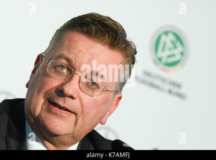 Frankfurt am Main, Germany. 15th Sep, 2017. Reinhard Grindel, president of the Deutscher Fussball Bund (DFB, German Football Association) speaking during a press conference in Frankfurt am Main, Germany, 15 September 2017. The DFB has announced the 10 match locations for its Euro 2024 bid. Photo: Arne Dedert/dpa/Alamy Live News Stock Photo