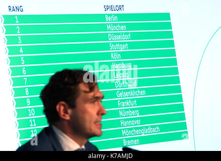 Frankfurt am Main, Germany. 15th Sep, 2017. Friedrich Curtius, secretary general of the Deutscher Fussball Bund (DFB, German Football Association) speaking during a press conference in Frankfurt am Main, Germany, 15 September 2017. The DFB has announced the 10 match locations for its Euro 2024 bid. Photo: Arne Dedert/dpa/Alamy Live News Stock Photo