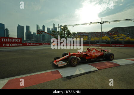 (170915) -- SINGAPORE, Sept. 15, 2017 (Xinhua) -- Ferrari's Finnish driver Kimi Raikkonen drives during the first practice session of the Formula One Singapore Grand Prix in Singapore on Sept. 15, 2017. (Xinhua/Then Chih Wey) Stock Photo