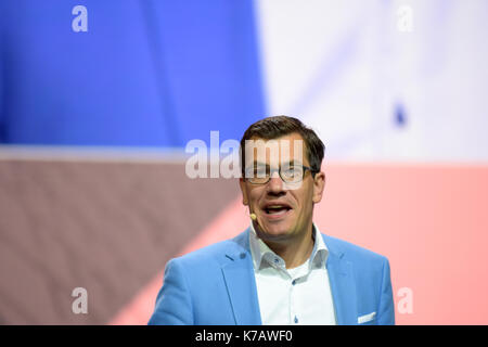 Frankfurt, Germany. 15th Sep, 2017. Jens Thiemer, vice president marketing Mercedes-Benz Cars opening at the Mercedes Benz 'me-convention', taking place at the the 67th IAA (Internationale Automobil Ausstellung) on September 15, 2017 in Frankfurt am Main, Germany Credit: Markus Wissmann/Alamy Live News Stock Photo