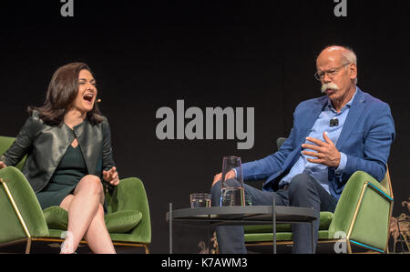 Frankfurt, Germany. 15th Sep, 2017. Sheryl Sandberg (COO Facebook) and Dieter Zetsche (CEO Daimler AG) talking about culture, leadership and innovation in the digital age at the Mercedes Benz 'me-convention', taking place at the the 67th IAA (Internationale Automobil Ausstellung) on September 15, 2017 in Frankfurt am Main, Germany Stock Photo