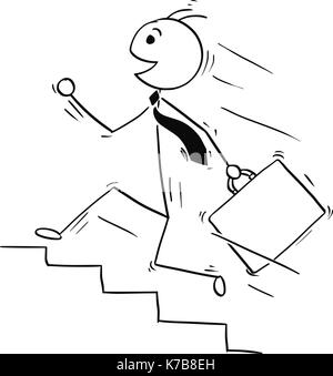 Cartoon stick man illustration of happy smiling business man running upstairs. Stock Vector