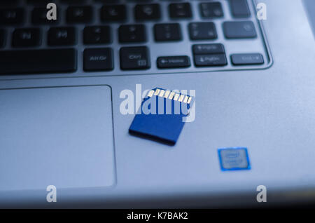 SD memory card on top of computer. Stock Photo