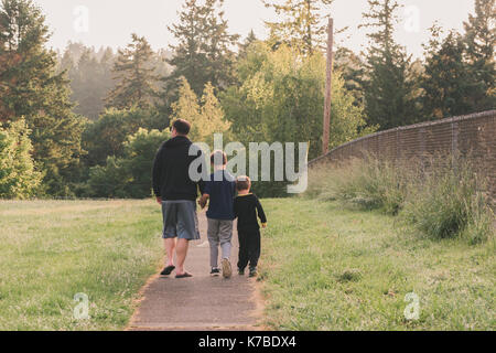Rear view of father and sons walking on footpath amidst grassy field against trees Stock Photo