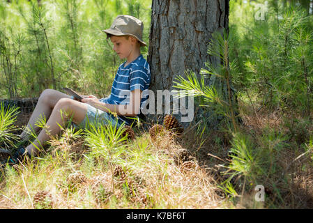Boy using digital tablet in woods Stock Photo