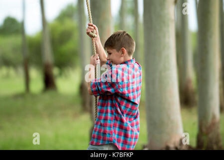 Boy swinging on rope Stock Photo