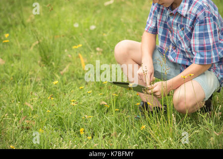 Boy crouching in grass, using digital tablet Stock Photo