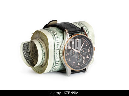 Rolled bundle of one hundred dollars notes inside locked belt of modern wristwatch Stock Photo