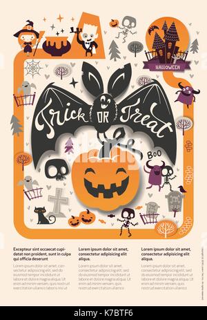 Lovely holiday Happy Halloween flyer template with funny and spooky cartoon bat, pumpkin and place for text. Vector illustration for festive party invitation, greeting card, announcement banner. Stock Vector