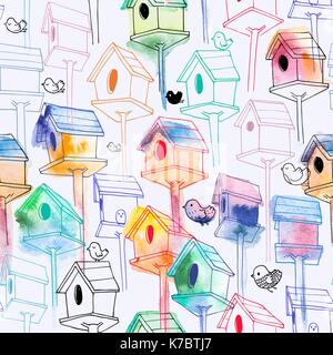 Seamless pattern with watercolor birdhouse on white background. Hand-drawn bird houses in line style with watercolor silhouettes. Illustration for fabric print, wallpaper, wrapping paper, backdrop. Stock Vector