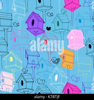 Seamless pattern with colorfil birdhouse on blue background. Hand-drawn bird houses in line style with hand-drawn scribble textures. Illustration for fabric print, wallpaper, wrapping paper, backdrop. Stock Vector