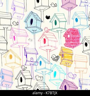 Seamless pattern with colorfil birdhouse on background. Colorful hand-drawn bird houses in line style with scribble textures. Illustration for fabric print, wallpaper, wrapping paper, backdrop. Stock Vector