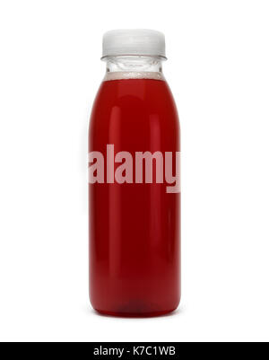 Small plastic bottle filled with red liquid isolated on white background Stock Photo