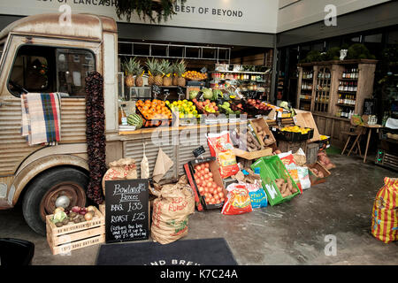 Interior of the Bowland food hall at Holmes Mill which highlights Lancashire products,  a development on an old textile mill site. Stock Photo