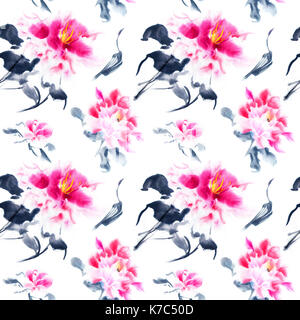 Romantic seamless pattern with watercolor peonies on white background. Pink hand painted flowers with black stems and leaves. Illustration for fabric print, wallpaper, wrapping paper, backdrop. Stock Photo