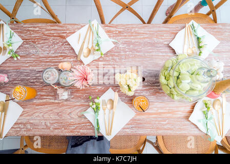 dinner dining table top view prepare for party Stock Photo