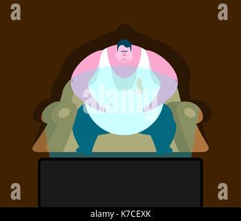 Fat guy is sitting on chair and TV. Glutton Thick man and televisor. fatso vector illustration Stock Vector