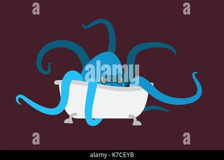 bath and Octopus. bathtub and monster. Vector illustration Stock Vector