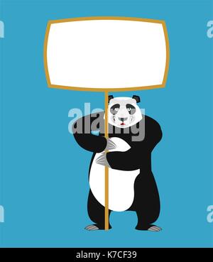 Panda holding banner blank. Chinese bear and white blank. Animal joyful emotion. Big beast and place for text. Vector illustration Stock Vector