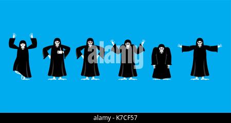 Grim reaper set poses and motion. death happy and yoga. skeleton in black cloak sleeping and angry. guilty and sad. Vector illustration Stock Vector