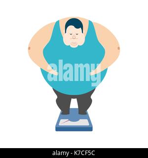 Fat man standing on weigh scales. Diet plan checklist. Healthy food and ...