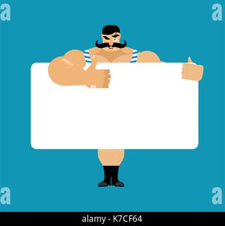 Retro strongman holding banner blank. Vintage athlete and white blank. big guy joyful emotion. ancient bodybuilder and place for text. Vector illustra Stock Vector