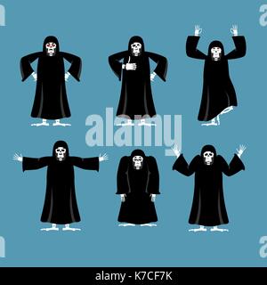 Grim reaper set poses and motion. death happy and yoga. skeleton in black cloak sleeping and angry. guilty and sad. Vector illustration Stock Vector