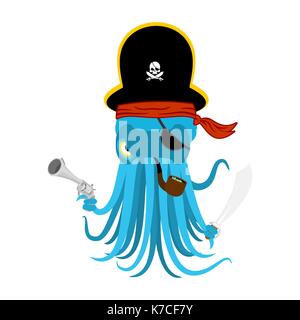 Octopus pirate. devilfish in pirate hat. Saber and gun. Vector illustration Stock Vector