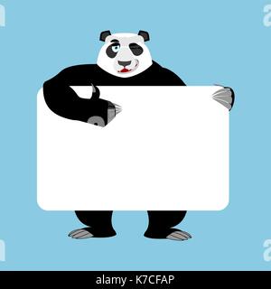 Panda holding banner blank. Chinese bear and white blank. Animal joyful emotion. Big beast and place for text. Vector illustration Stock Vector