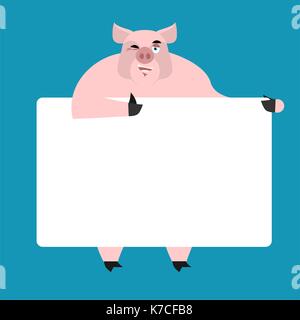 Pig holding banner blank. swine and white blank. piggy joyful emotion. farm animal and place for text. Vector illustration Stock Vector