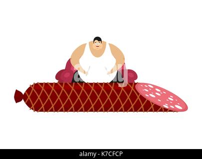 Fat guy is sitting on chair and salami. Glutton Thick man and sausage food. fatso vector illustration Stock Vector