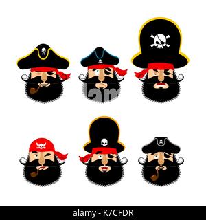 Pirate emoji head set. Filibuster sad and merry emotion face. Buccaneer asleep and angry avatar. winking and guilty. Vector illustration Stock Vector