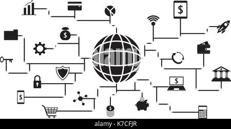 Vector Fintech Black Icons Around A Globe Involving In Financial Technology, Banking, And Investment On White Background With Black Digital-Like Lines Stock Vector