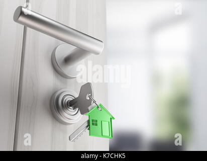 Door with keys, new home, open room, 3d render illustration Stock Photo