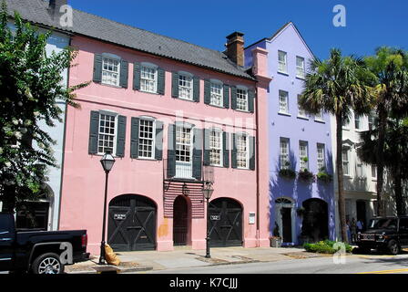 Two of the series of thirteen colorful historic houses on East Bay Street known as Rainbow Row in Charleston, South Carolina Stock Photo