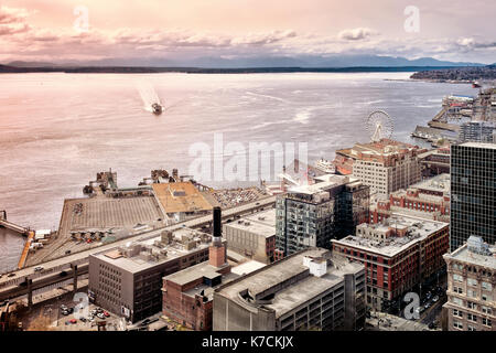 Seattle aerial view of waterfront, buildings and bay at sunset Stock Photo