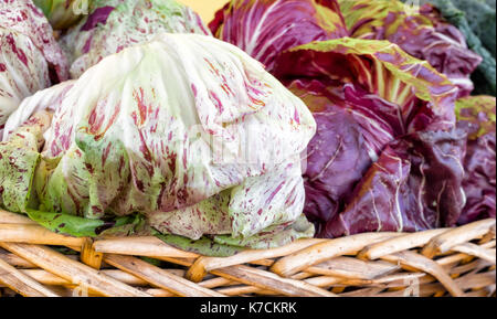 Radicchio lettuce heads in a basket. Close up. Two color types. White with purple markings, and purple with green edges. Stock Photo